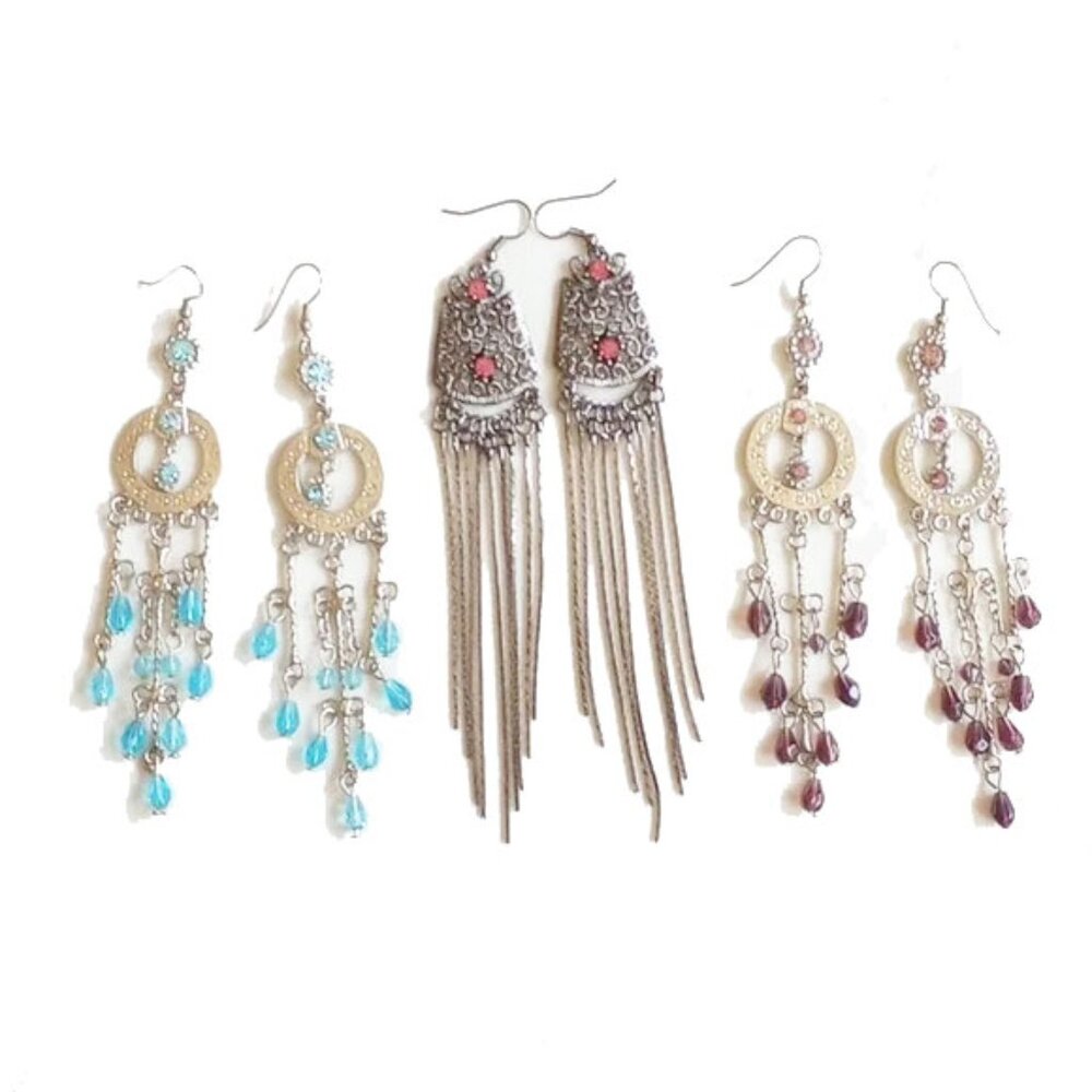 Vintage 3 Pair Silver Boho Earrings Swarovski Glass Aqua Rose Amethyst